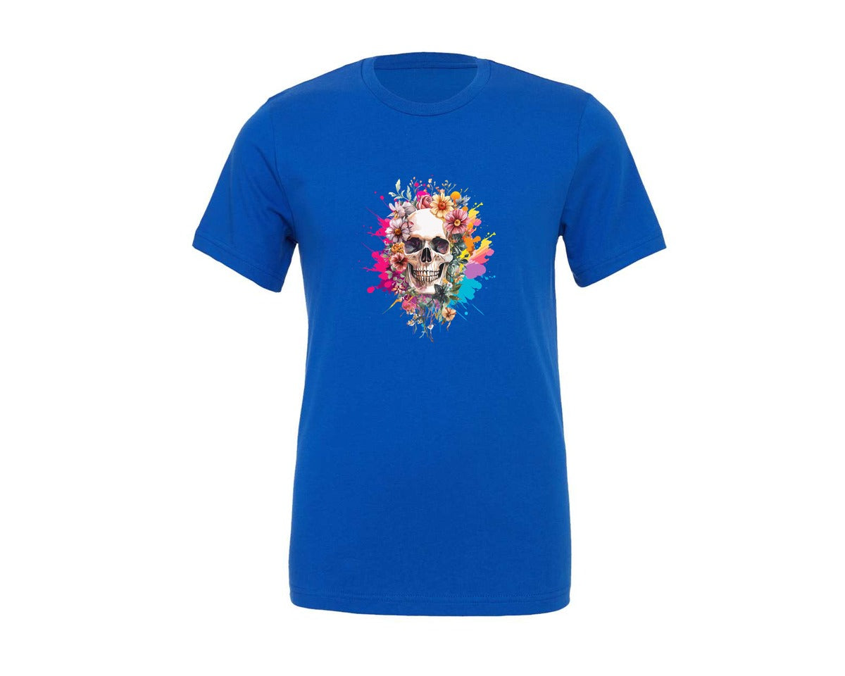 brand:Generic|color:True Royal Blue|Floral Skull Watercolor Skull Shirt Graphic T-Shirt
