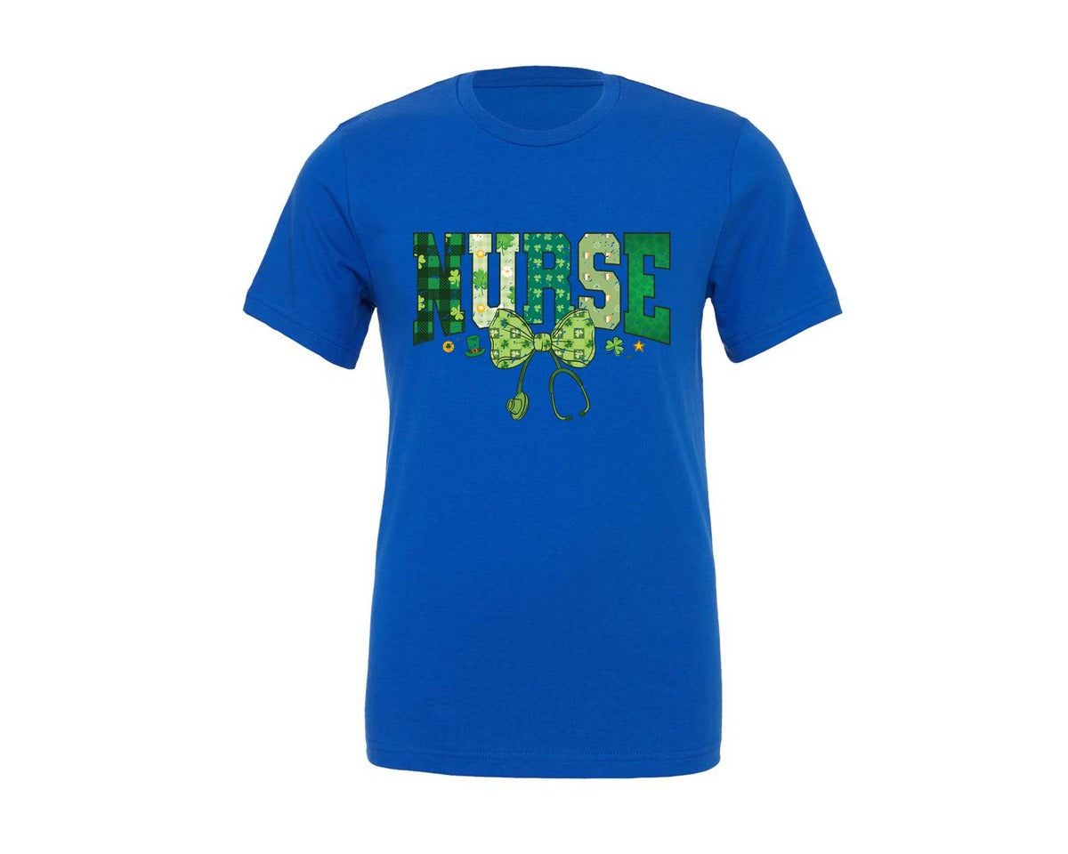 brand:Generic|color:True Royal Blue|Coquette Nurse St Patricks Nurse Bow Graphic T-Shirt