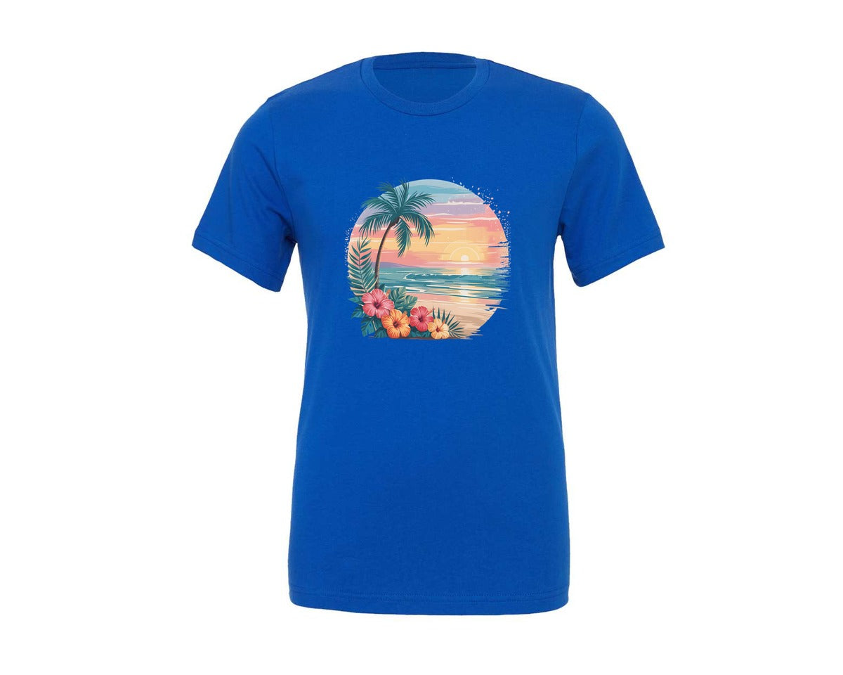 brand:Generic|color:True Royal Blue|Tropical Sunset Retro Beach Scene Graphic T-Shirt