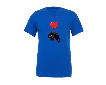 brand:Generic|color:True Royal Blue|Floating Black Cat With Heart Balloon Graphic T-Shirt