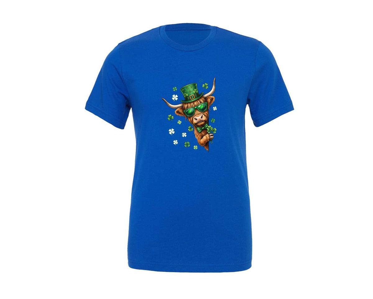 brand:Generic|color:True Royal Blue|Funny Highland Cow St Patricks Day Graphic T-Shirt