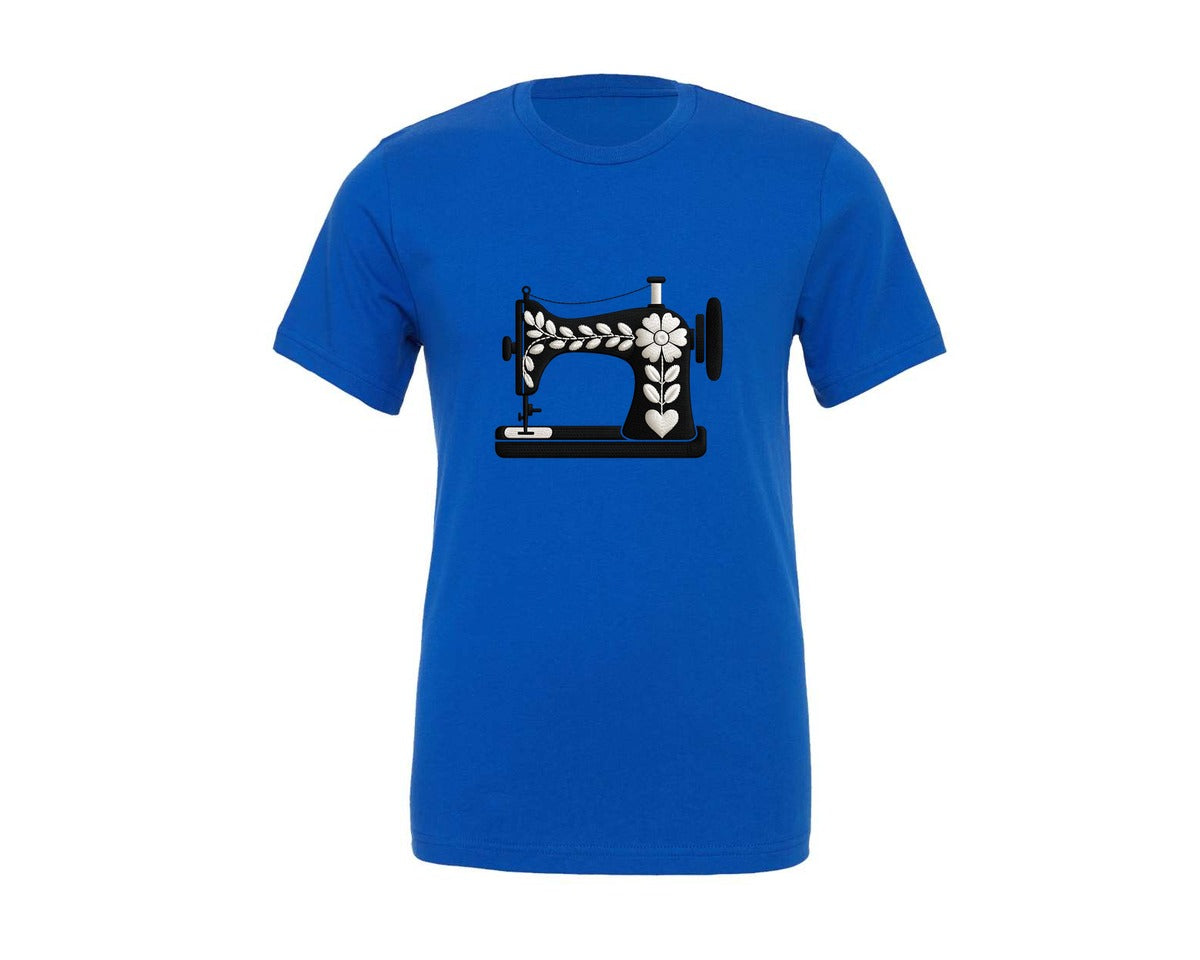 brand:Generic|color:True Royal Blue|Black Floral Sewing Machine Graphic T-Shirt