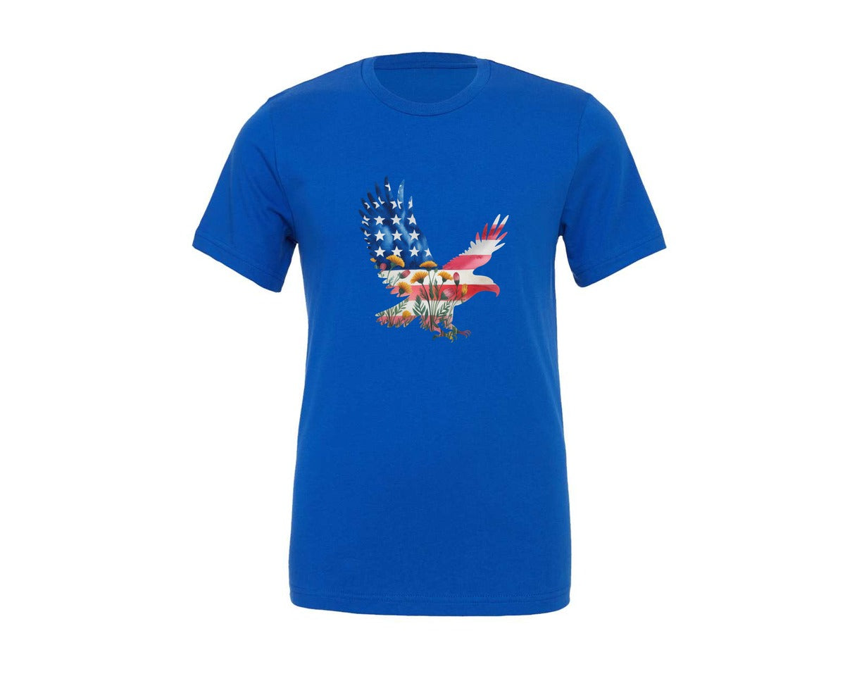 brand:Generic|color:True Royal Blue|Patriotic Usa America Eagle Flowers Graphic T-Shirt