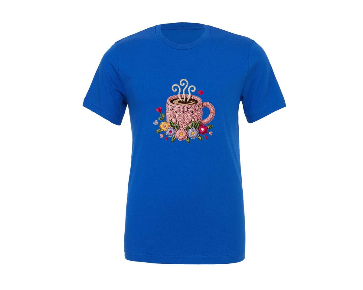 brand:Generic|color:True Royal Blue|Faux Yarn Valentine Floral Coffee Graphic T-Shirt