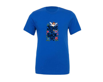 brand:Generic|color:True Royal Blue|Jesus Has My Back Floral Design Sublimat 2 Graphic T-Shirt