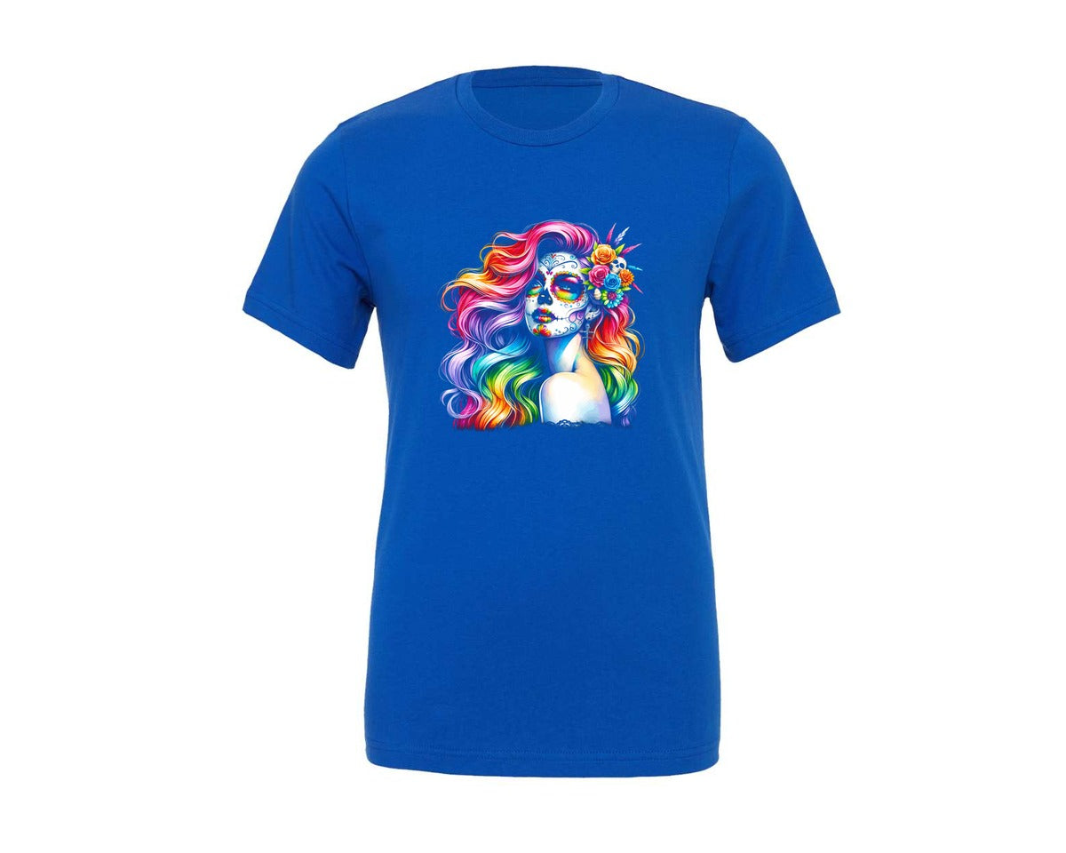 brand:Generic|color:True Royal Blue|Vibrant Day Of The Dead Woman With Rainbow Graphic T-Shirt