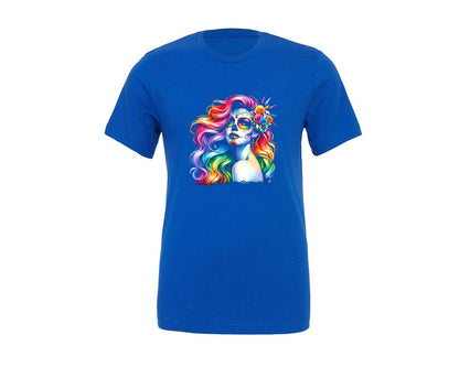 brand:Generic|color:True Royal Blue|Vibrant Day Of The Dead Woman With Rainbow Graphic T-Shirt
