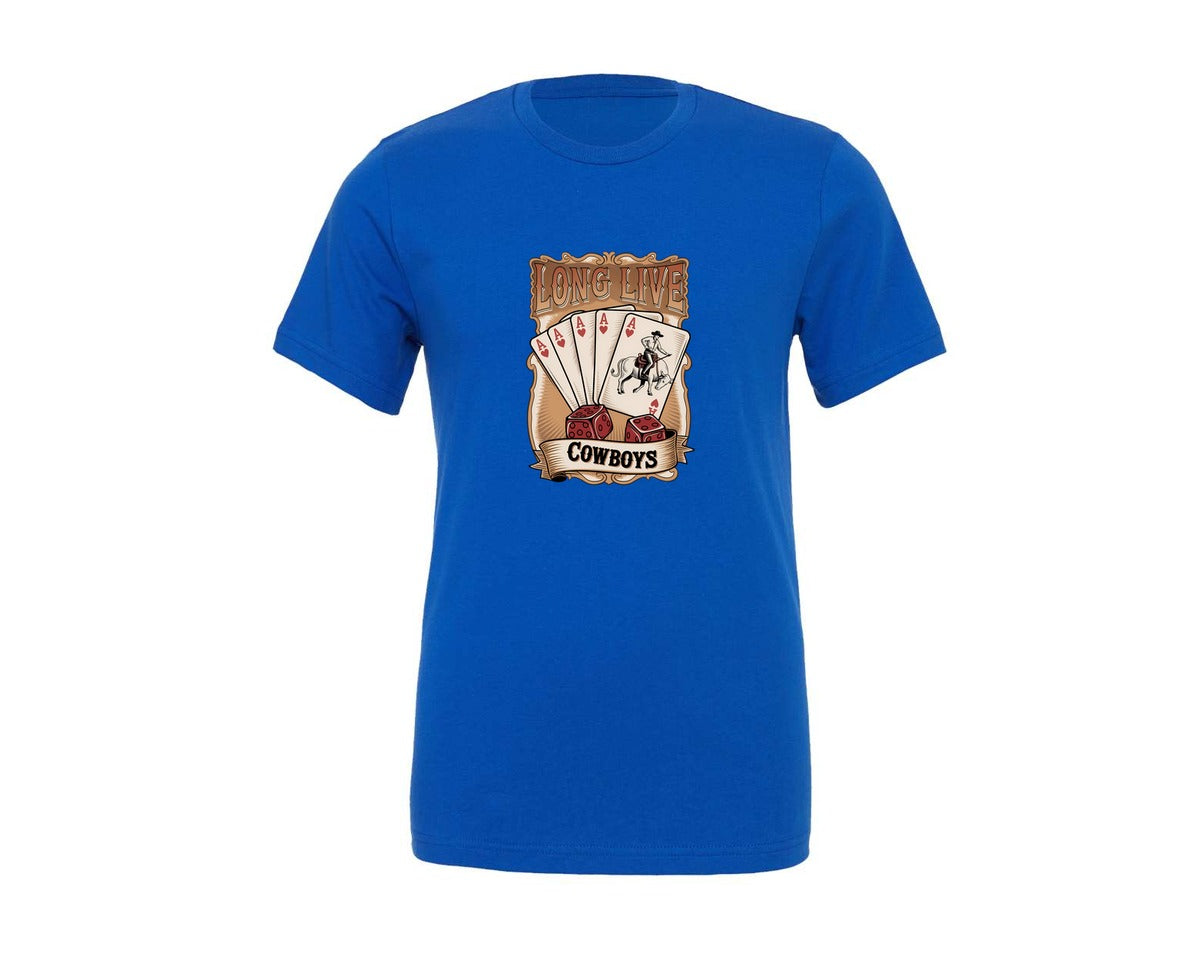 brand:Generic|color:True Royal Blue|Long Live Cowboys Western Aces Dice Graphic T-Shirt