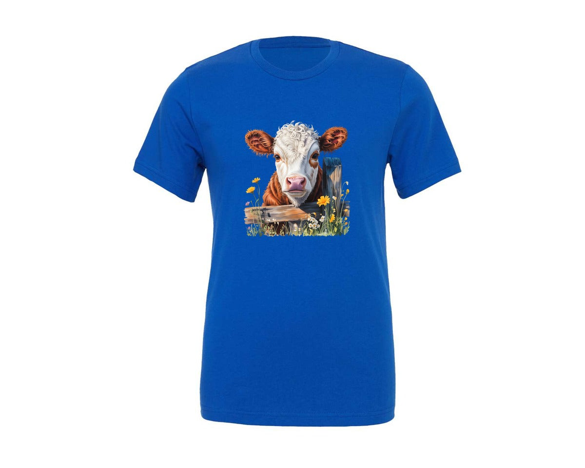 brand:Generic|color:True Royal Blue|Cute Cow Farm Animal Wildflower Art Graphic T-Shirt