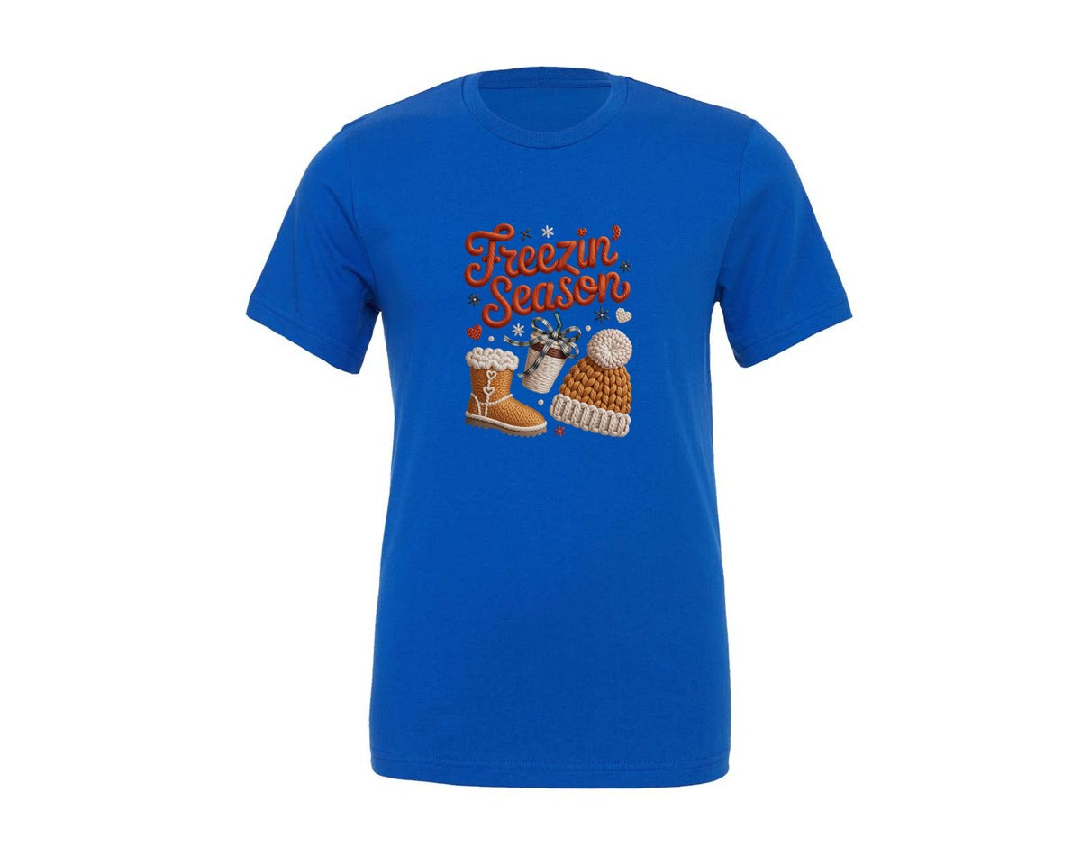 brand:Generic|color:True Royal Blue|Faux Yarn Freezin Season Winter Fall Graphic T-Shirt