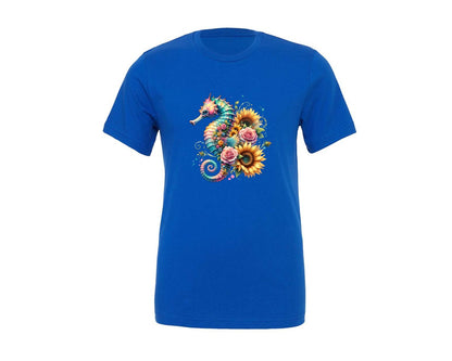 brand:Generic|color:True Royal Blue|Ocean Seahorse Sunflowers Roses Graphic T-Shirt