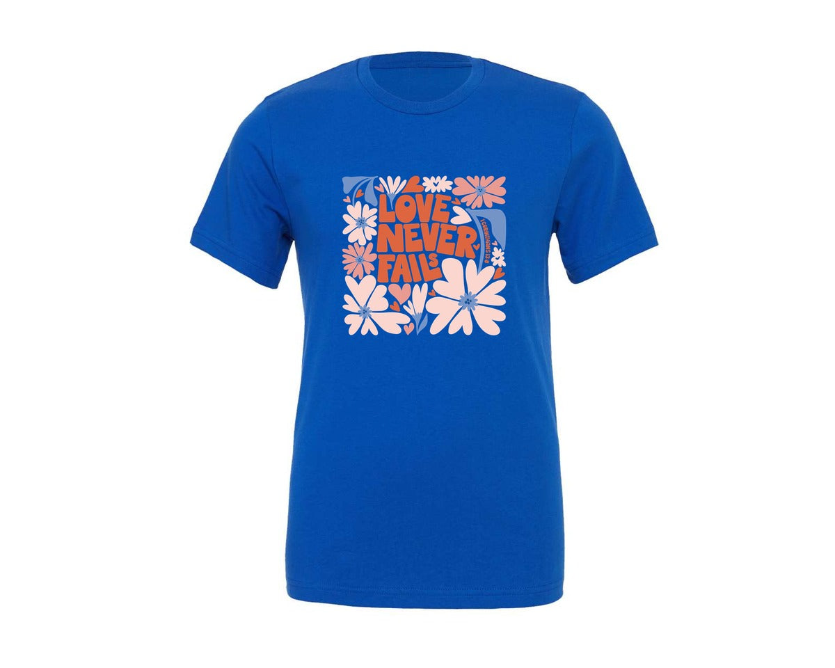 brand:Generic|color:True Royal Blue|Love Never Fails Boho Floral Graphic T-Shirt