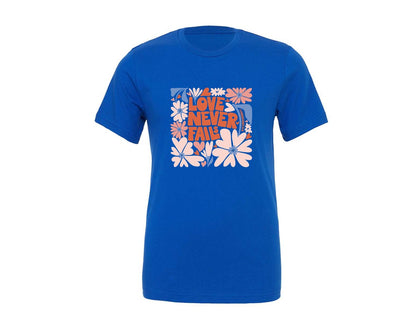 brand:Generic|color:True Royal Blue|Love Never Fails Boho Floral Graphic T-Shirt