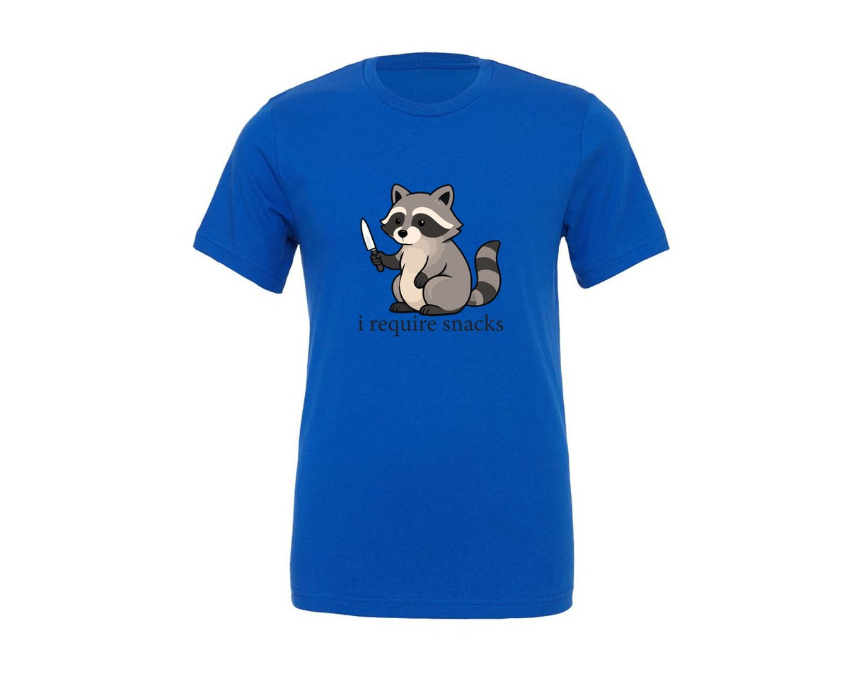 brand:Generic|color:True Royal Blue|I Require Snacks Funny Raccoon Humor Graphic T-Shirt