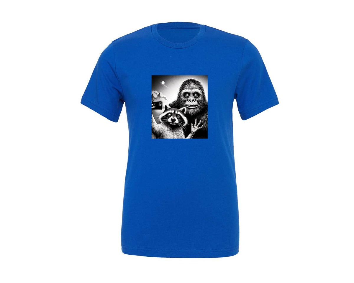 brand:Generic|color:True Royal Blue|Scarred Raccoon Selfie With Bigfoot Yeti Graphic T-Shirt