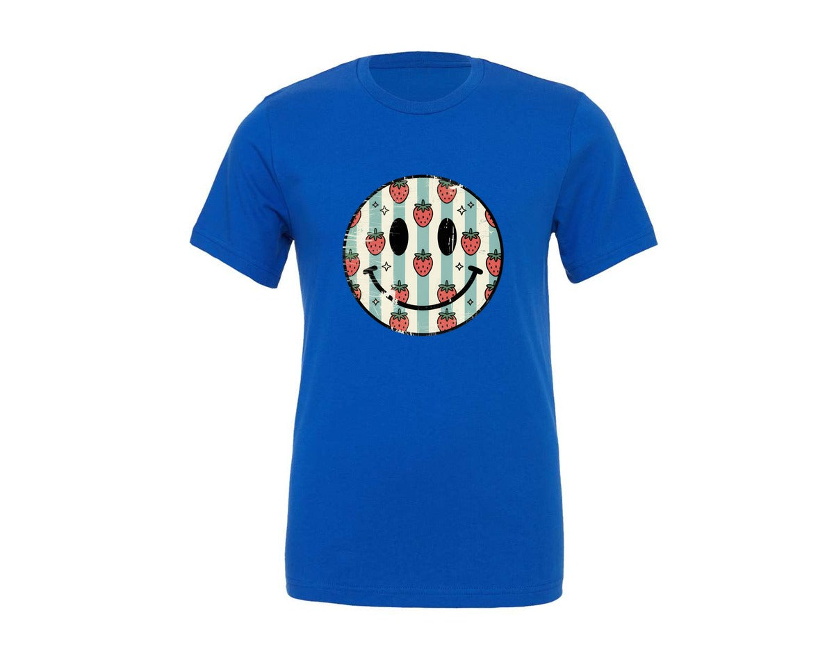 brand:Generic|color:True Royal Blue|Retro Strawberry Smiley Face Graphic T-Shirt