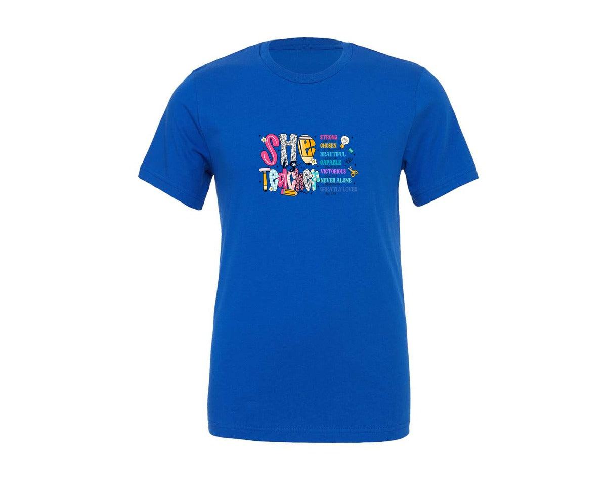 brand:Generic|color:True Royal Blue|She Is Teacher Christian Teacher Graphic T-Shirt