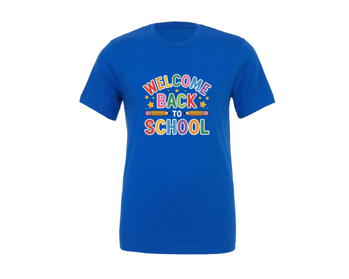 brand:Generic|color:True Royal Blue|Welcome Back To School Typo Design Graphic T-Shirt
