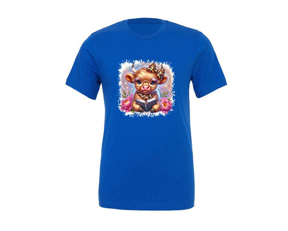 brand:Generic|color:True Royal Blue|Highland Cow Reading Book Square Tshirt Graphic T-Shirt