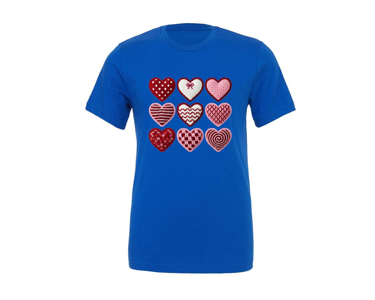 brand:Generic|color:True Royal Blue|Faux Crochet Yarn Valentine Heart Bow Graphic T-Shirt