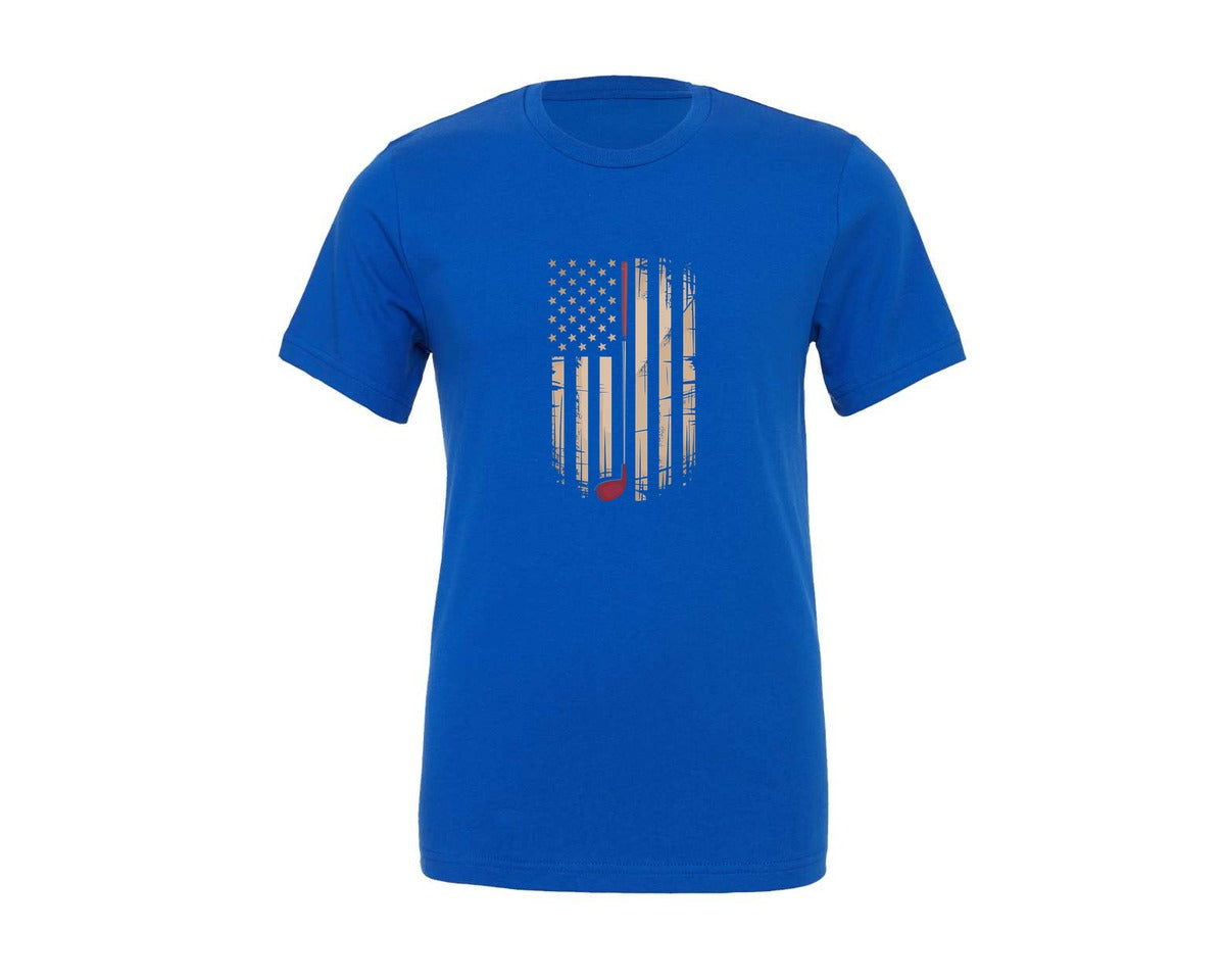 brand:Generic|color:True Royal Blue|Funny Vintage American Flag Golfer Graphic T-Shirt