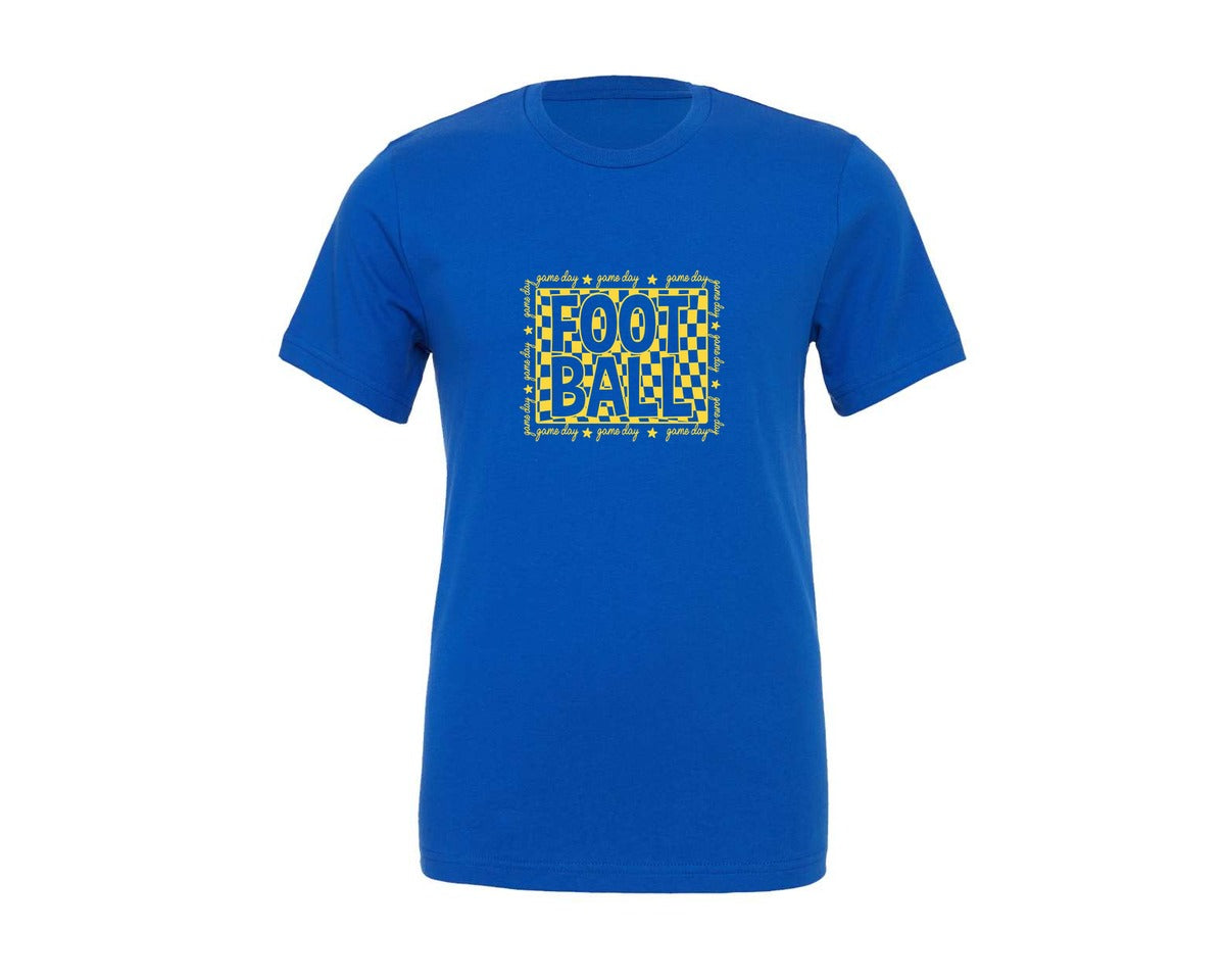brand:Generic|color:True Royal Blue|Checkered Football Game Day Neon Graphic T-Shirt