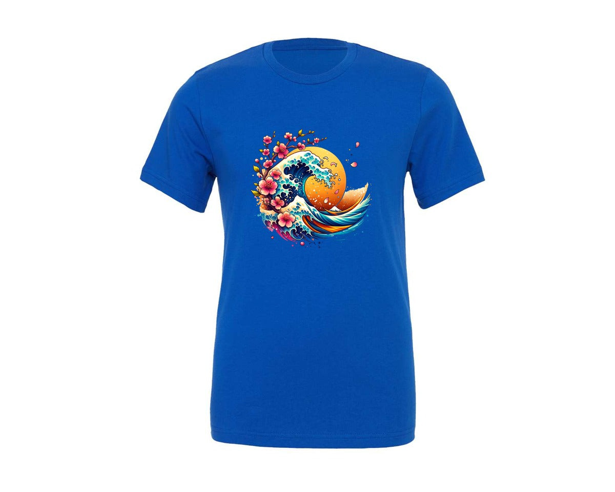 brand:Generic|color:True Royal Blue|Japanese Sakura Ocean Wave Graphic T-Shirt