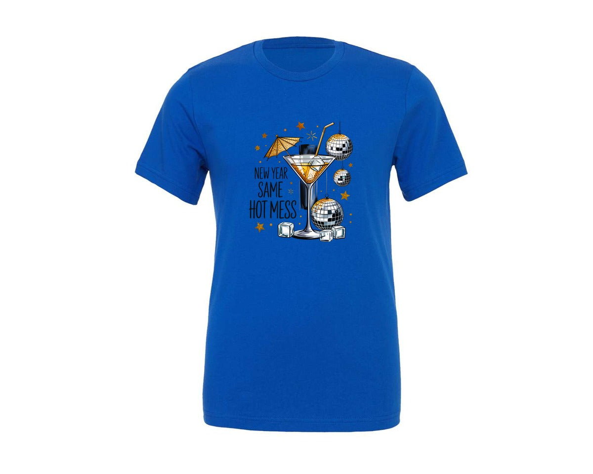brand:Generic|color:True Royal Blue|Alcohol New Year Party Hot Mess Graphic T-Shirt