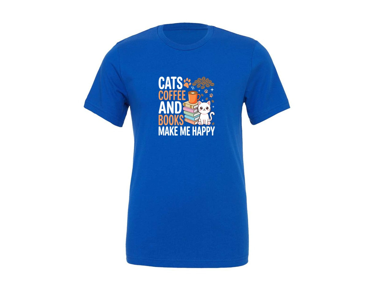 brand:Generic|color:True Royal Blue|Cats Coffee And Books Happy T Shirt Graphic T-Shirt
