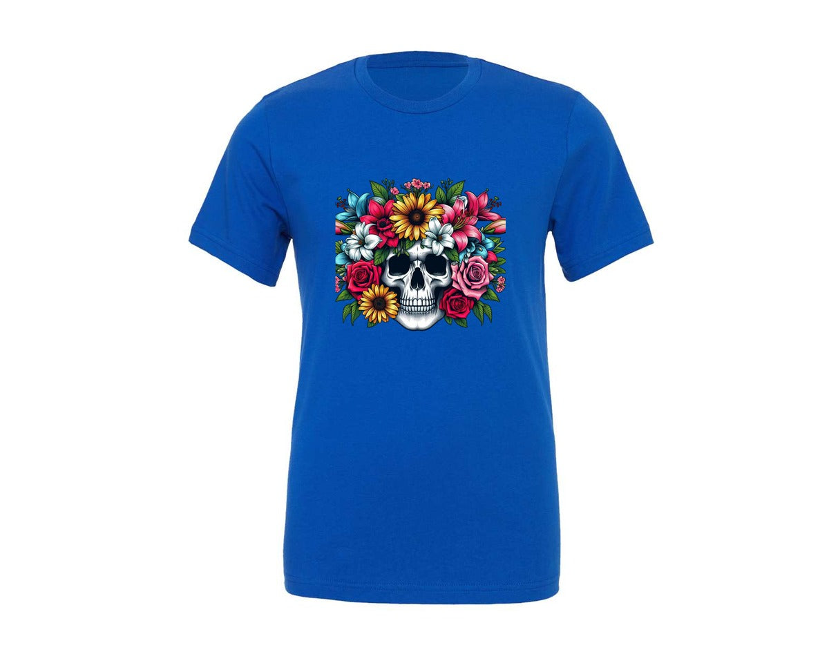 brand:Generic|color:True Royal Blue|Retro Floral Skull Design Graphic T-Shirt