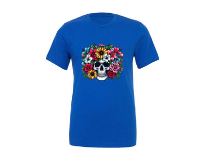 brand:Generic|color:True Royal Blue|Retro Floral Skull Design Graphic T-Shirt