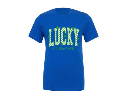 brand:Generic|color:True Royal Blue|Lucky Mama Mini Checkered Clover Graphic T-Shirt