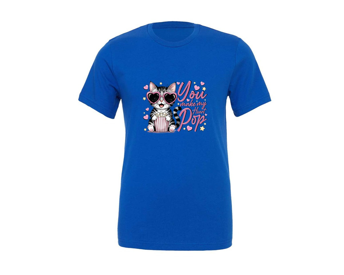 brand:Generic|color:True Royal Blue|Cute Cat You Make My Heart Pop Graphic T-Shirt