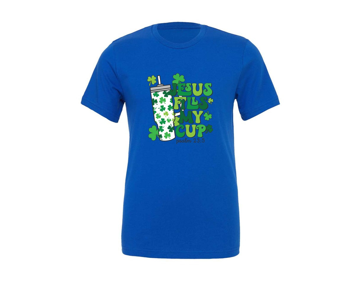 brand:Generic|color:True Royal Blue|Jesus Fills My Cup Shamrock Graphic T-Shirt