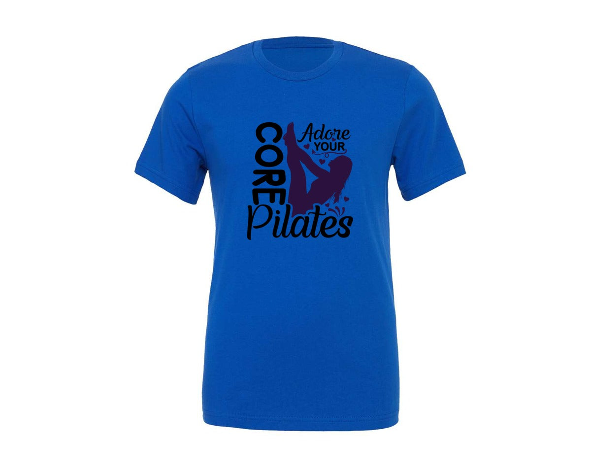 brand:Generic|color:True Royal Blue|Adore Your Core Pilates Workout Graphic T-Shirt