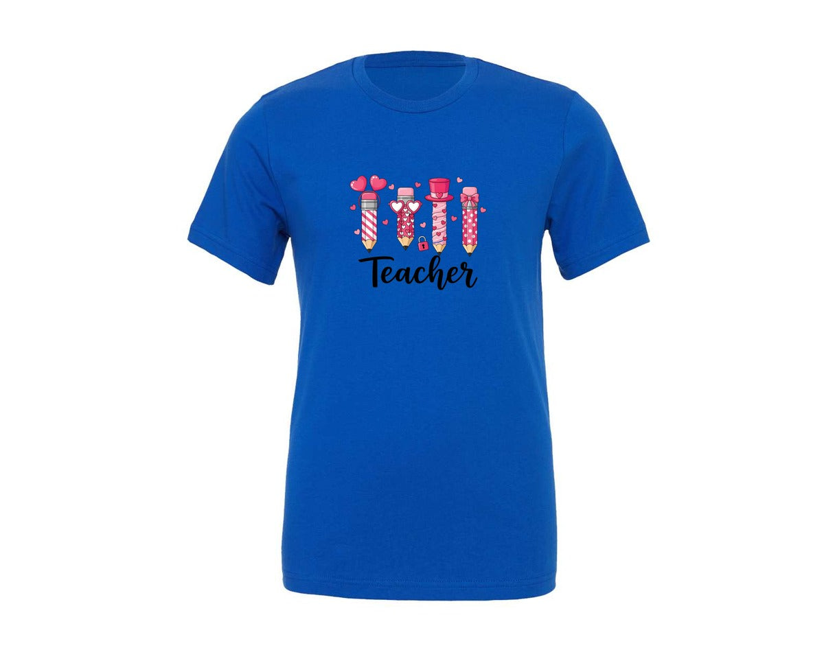 brand:Generic|color:True Royal Blue|Valentines Day Teacher Pencil Graphic T-Shirt