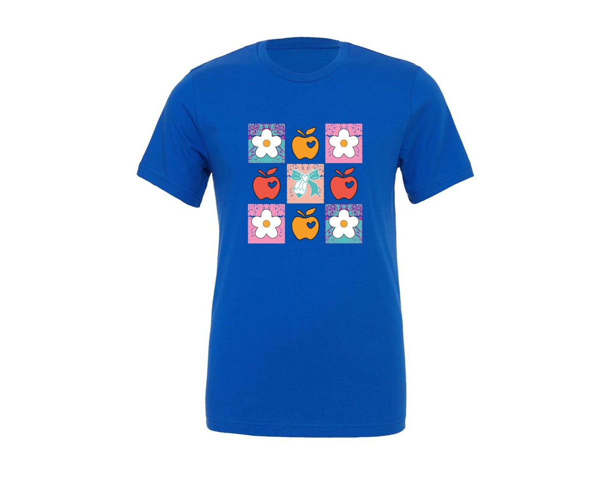 brand:Generic|color:True Royal Blue|Teacher Checkered Boho Flowers Graphic T-Shirt