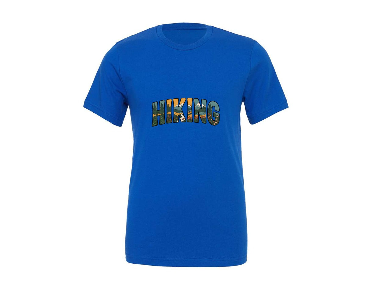 brand:Generic|color:True Royal Blue|Hiking Word Art Retro Outdoor Nature Graphic T-Shirt