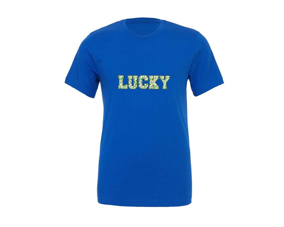 brand:Generic|color:True Royal Blue|Lucky St Patricks Day Gold Glitter Graphic T-Shirt