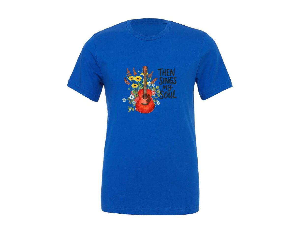 brand:Generic|color:True Royal Blue|Then Sings My Soul Floral Guitar Graphic T-Shirt