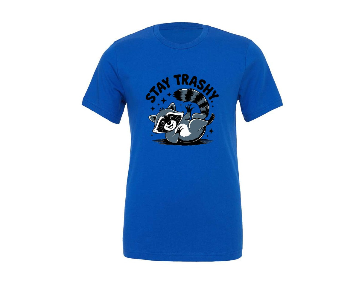 brand:Generic|color:True Royal Blue|Stay Trashy Cute Raccoon Art Graphic T-Shirt