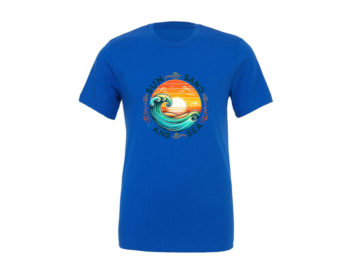 brand:Generic|color:True Royal Blue|Retro Summer Sun Sand And Sea Wave Graphic T-Shirt