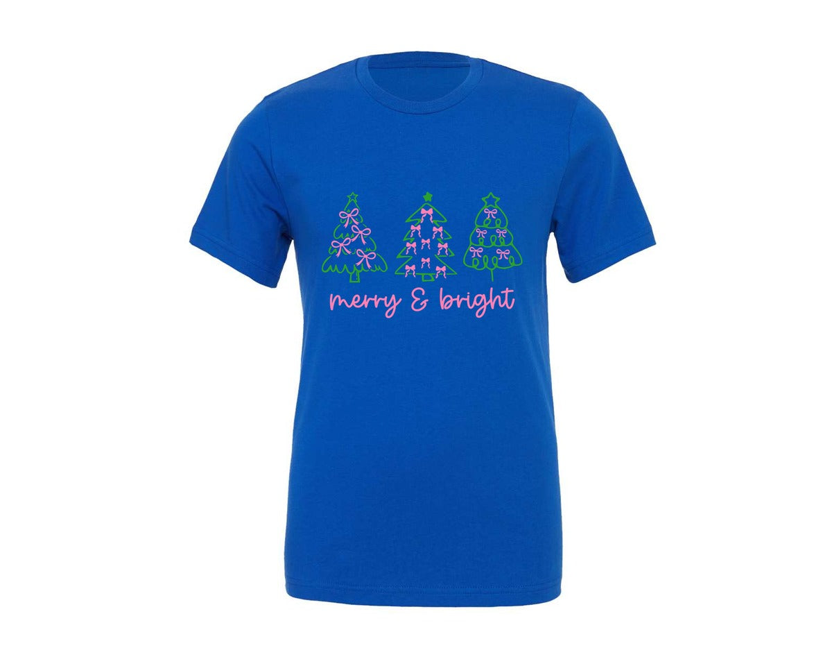 brand:Generic|color:True Royal Blue|Christmas Trees W Pink Bows Merrybright Graphic T-Shirt