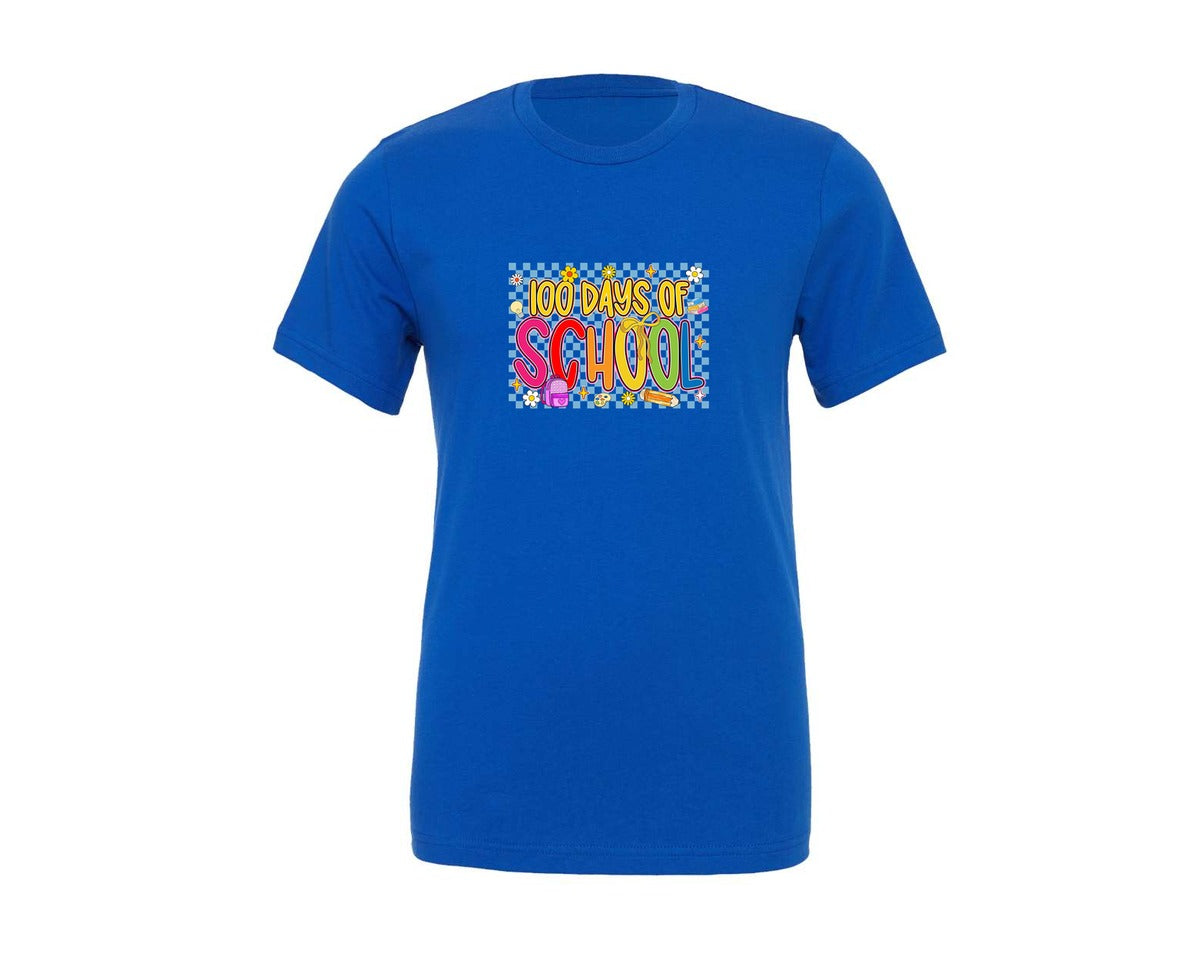 brand:Generic|color:True Royal Blue|Checkered 100 Days School Bow Shirt Graphic T-Shirt