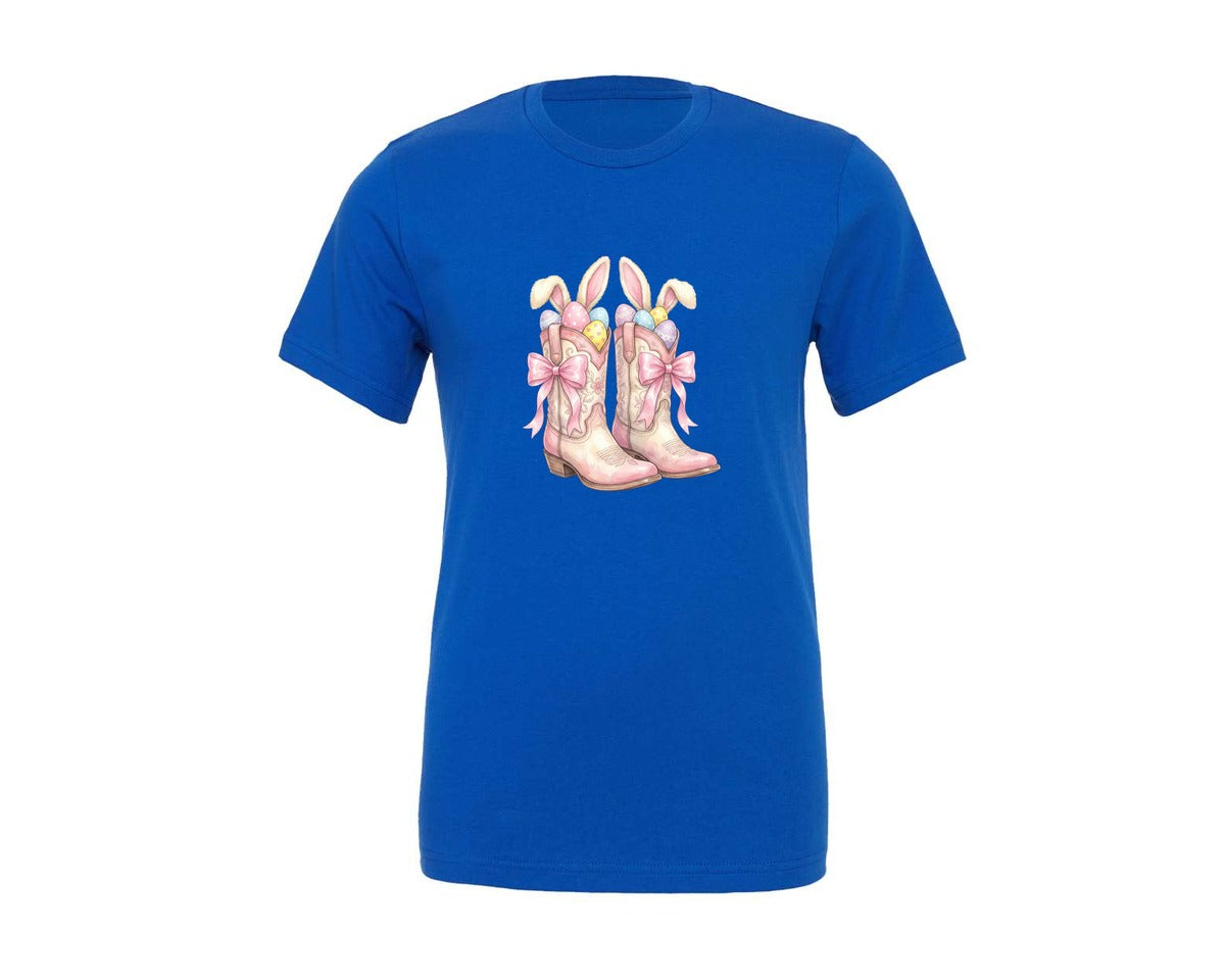 brand:Generic|color:True Royal Blue|Easter Bunny Eggs Cowgirl Boots Graphic T-Shirt