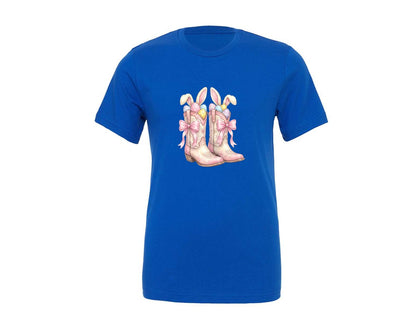 brand:Generic|color:True Royal Blue|Easter Bunny Eggs Cowgirl Boots Graphic T-Shirt