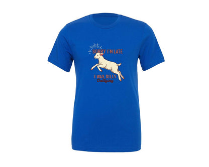 brand:Generic|color:True Royal Blue|Sorry Im Late Funny Goat Farm Graphic T-Shirt