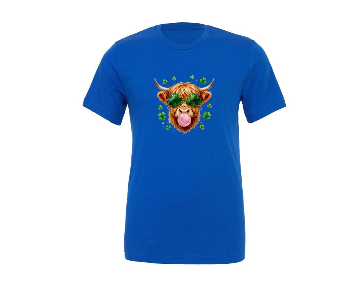 brand:Generic|color:True Royal Blue|Watercolor Highland Cow St Patricks Graphic T-Shirt