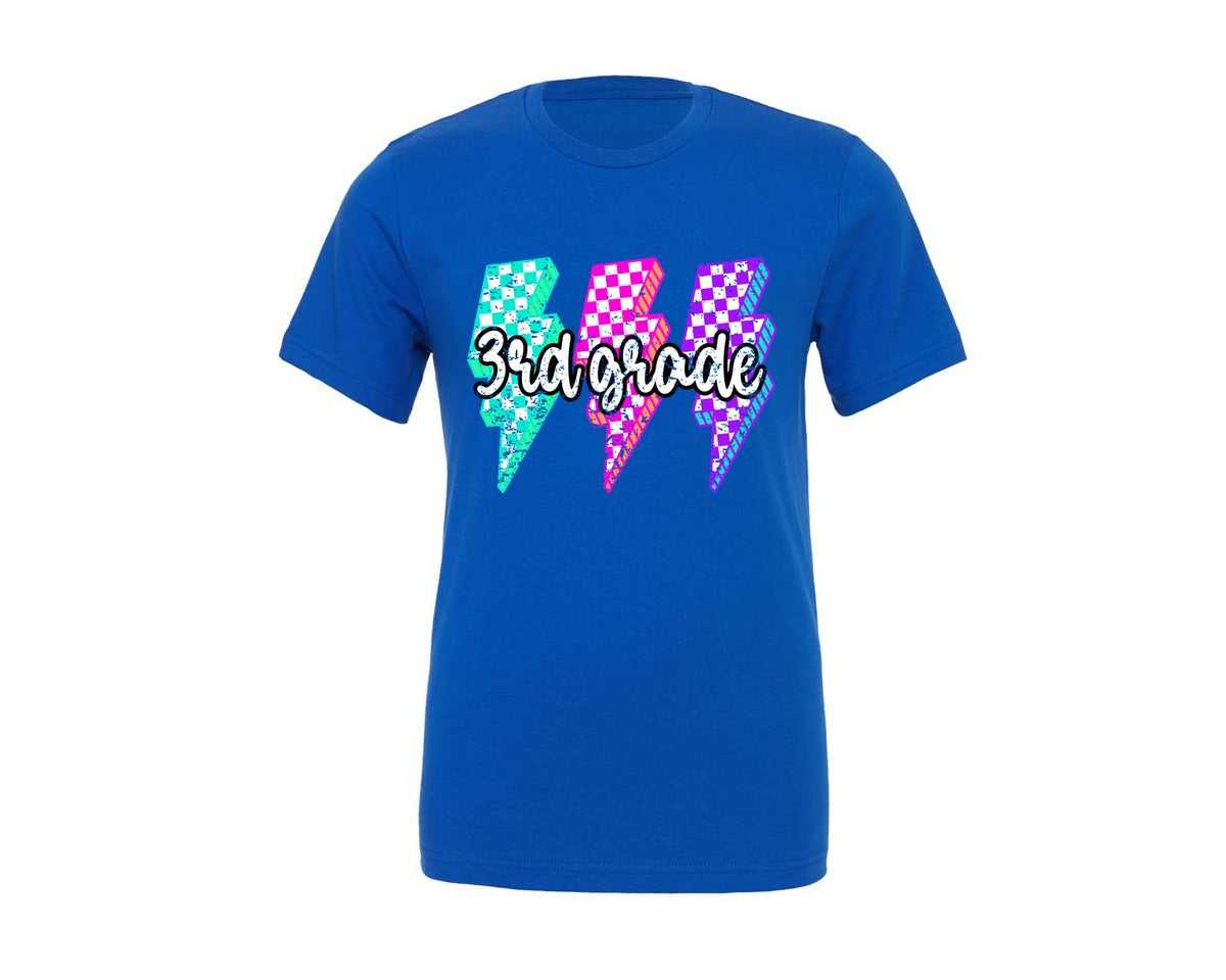 brand:Generic|color:True Royal Blue|School Grade Checkered Lightning Neon Graphic T-Shirt