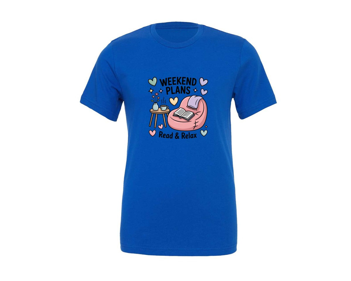 brand:Generic|color:True Royal Blue|Weekend Plans Read And Relax Book Graphic T-Shirt